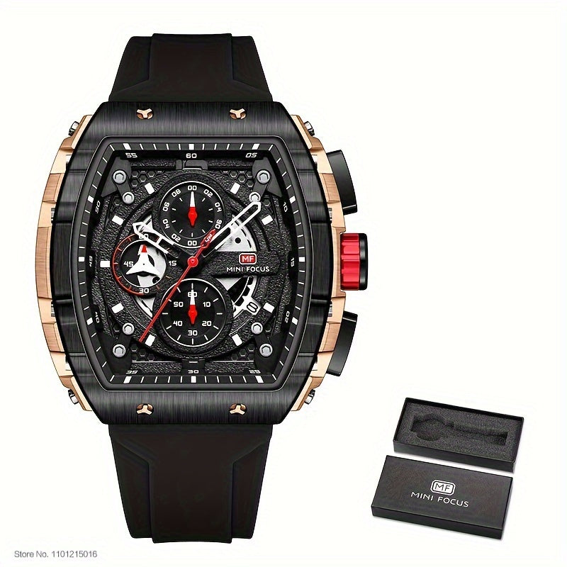 Women's Mini Focus Chronograph Quartz Watch Tonneau Pointer Silicone Strap Auto Date