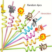 Set of 4 Plastic Zoo Animal Straws for Parties and Events