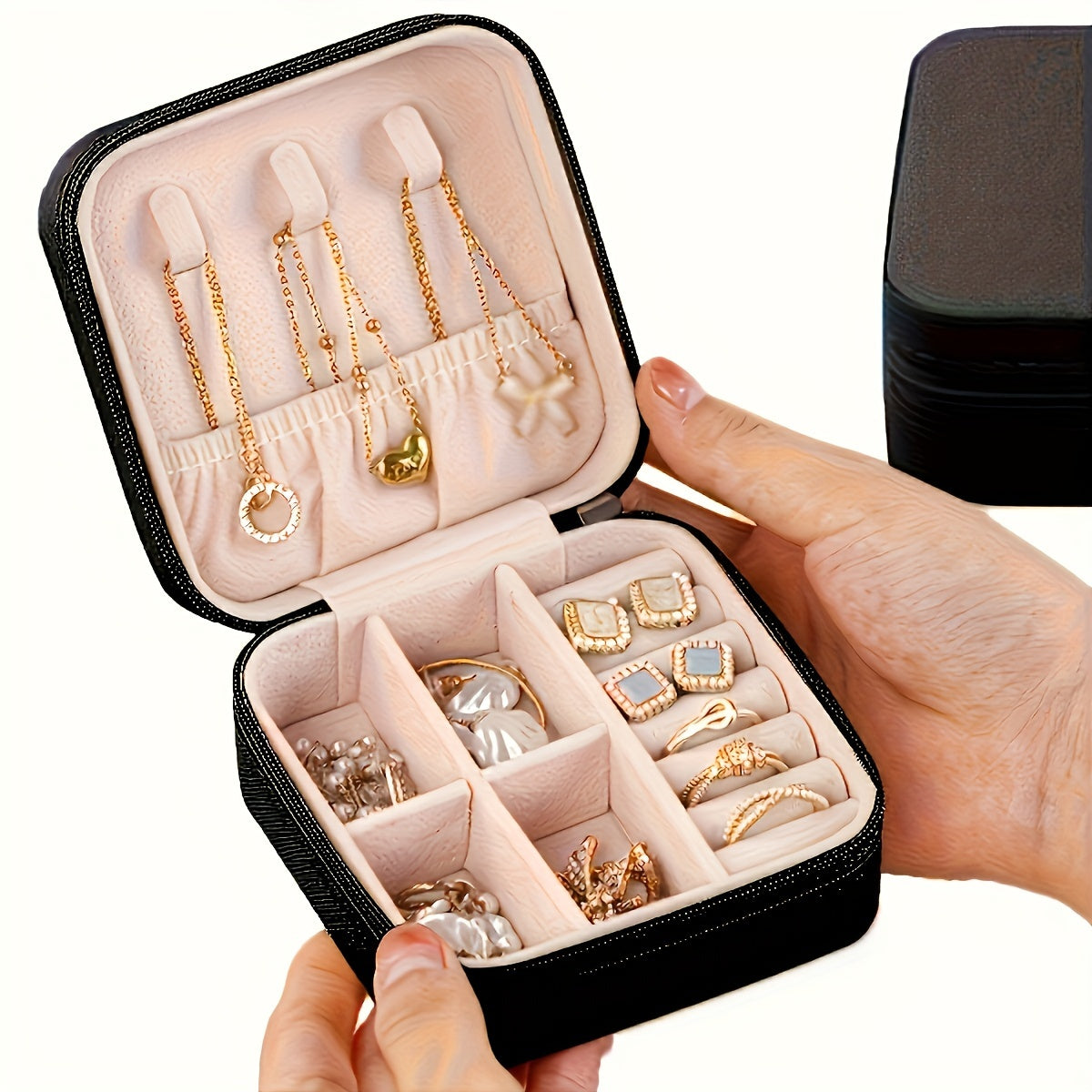 Caja organizadora de joyas de cuero sintético con interior rosa para pendientes, collares y anillos, estuche compacto para viajes