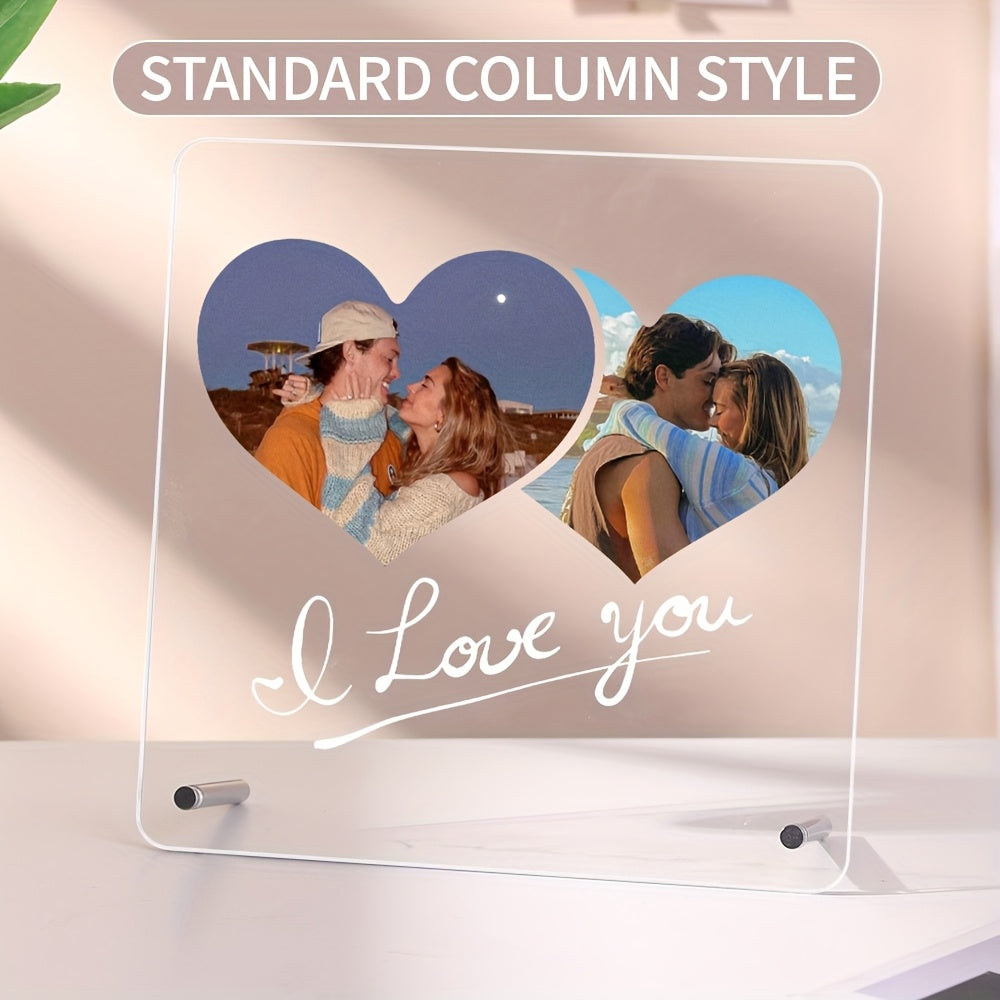 Customizable LED Light Acrylic Photo Frame with Transparent Love Heart Design for Gifts