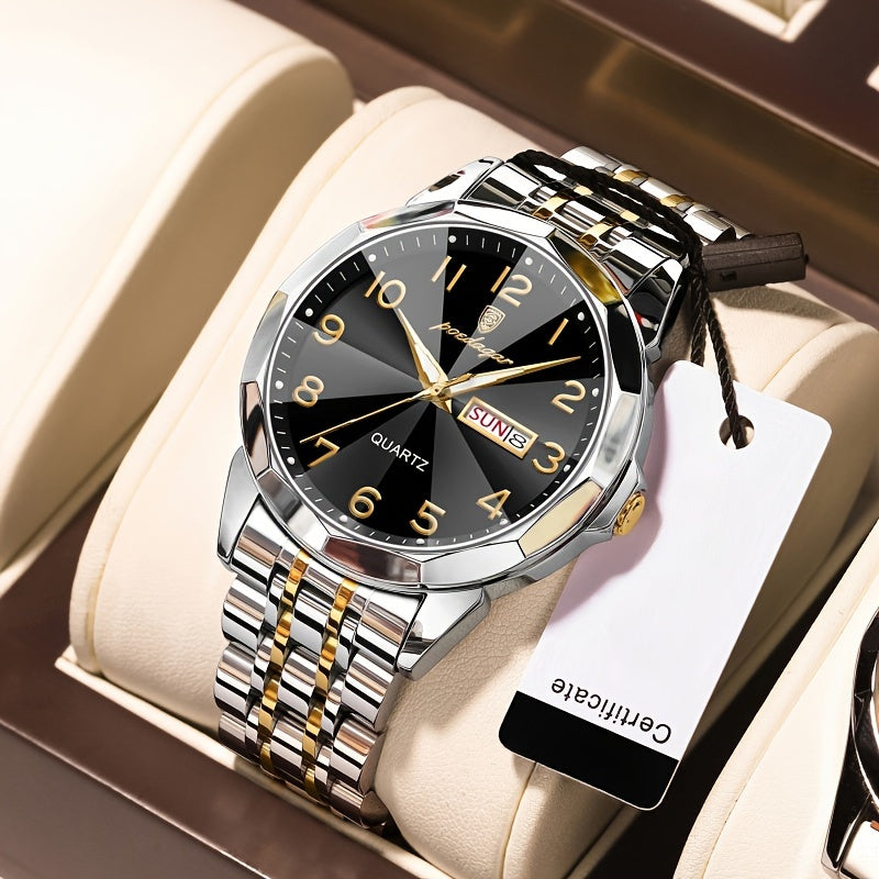 Men's Quartz Watch Dual Calendar Stainless Steel Strap Business Style