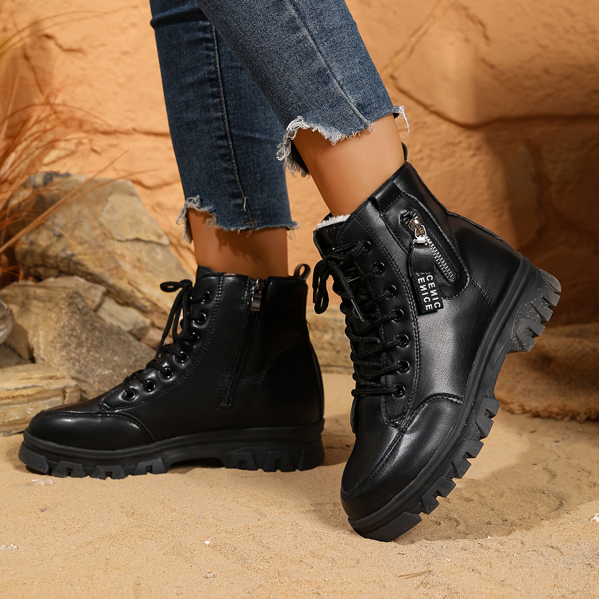 Women's Black PU High-Top Ankle Boots with Rubber Soles and Lace-Up Closure