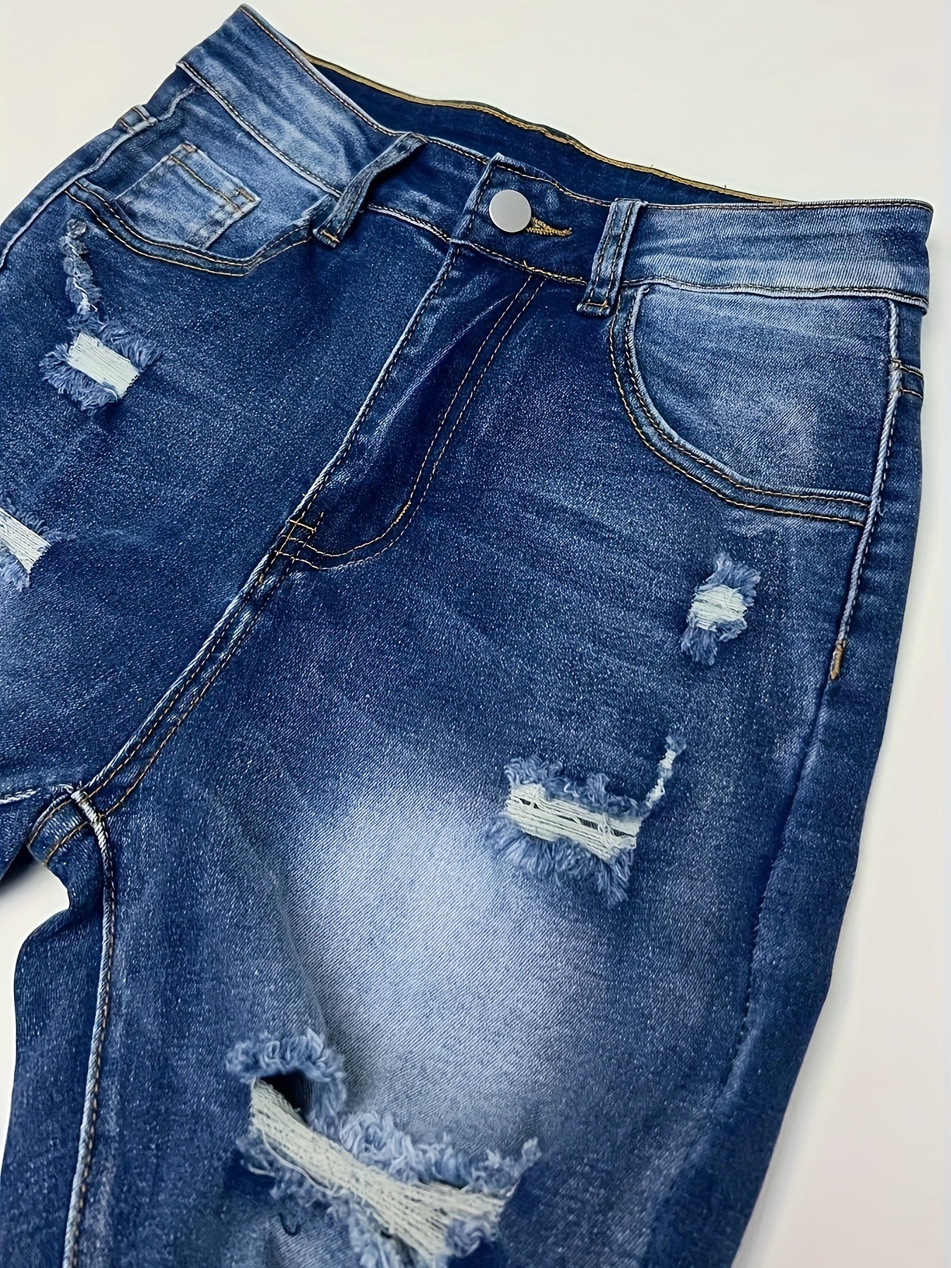 Plus Size Womens Ripped Blue Stretch Denim Jeans Pants