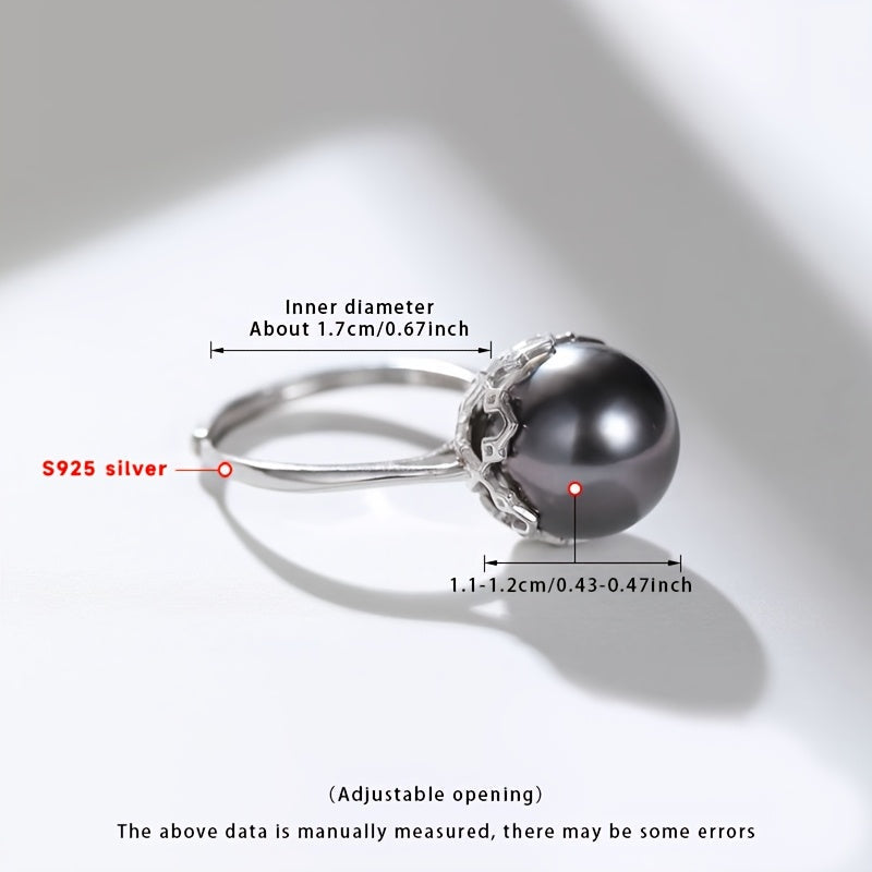 Black Natural Pearl Ring 11-12mm Freshwater Silver Adjustable Jewelry