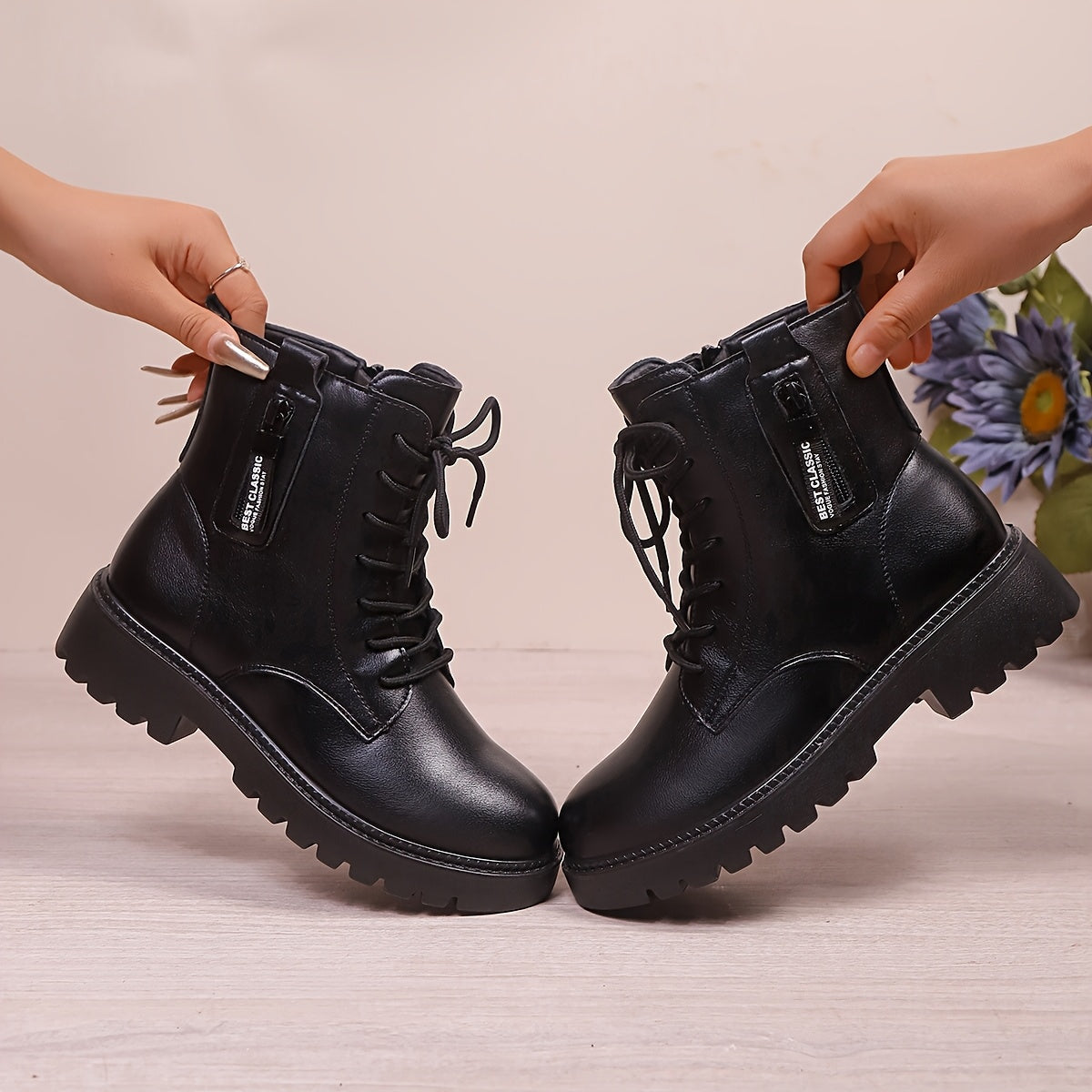 Women Anti-Slip Ankle Boots with Zipper Closure Mid-Heel Casual Shoes