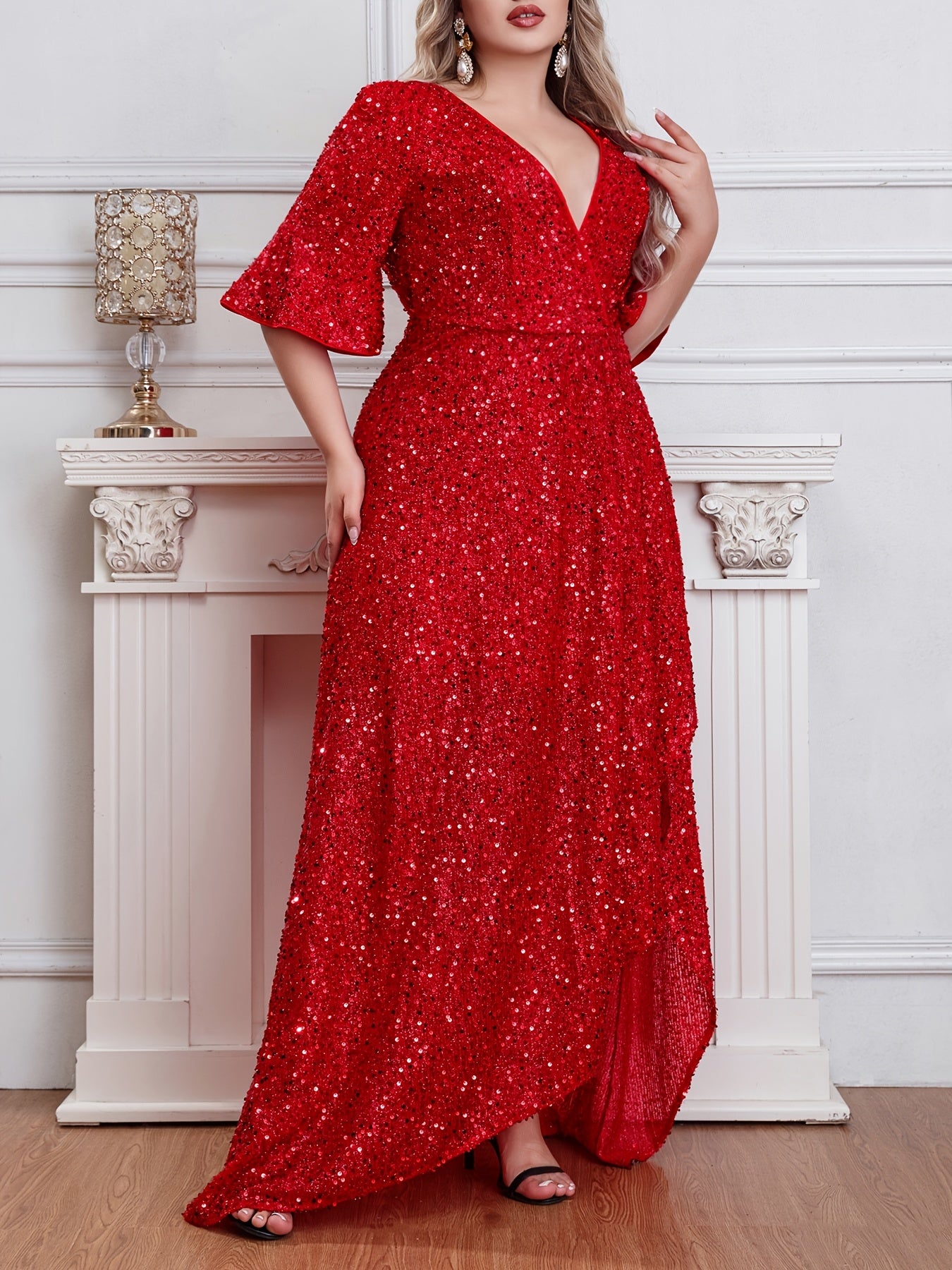 Plus Size Dress Solid Color Beaded Splicing Ruffle Hem