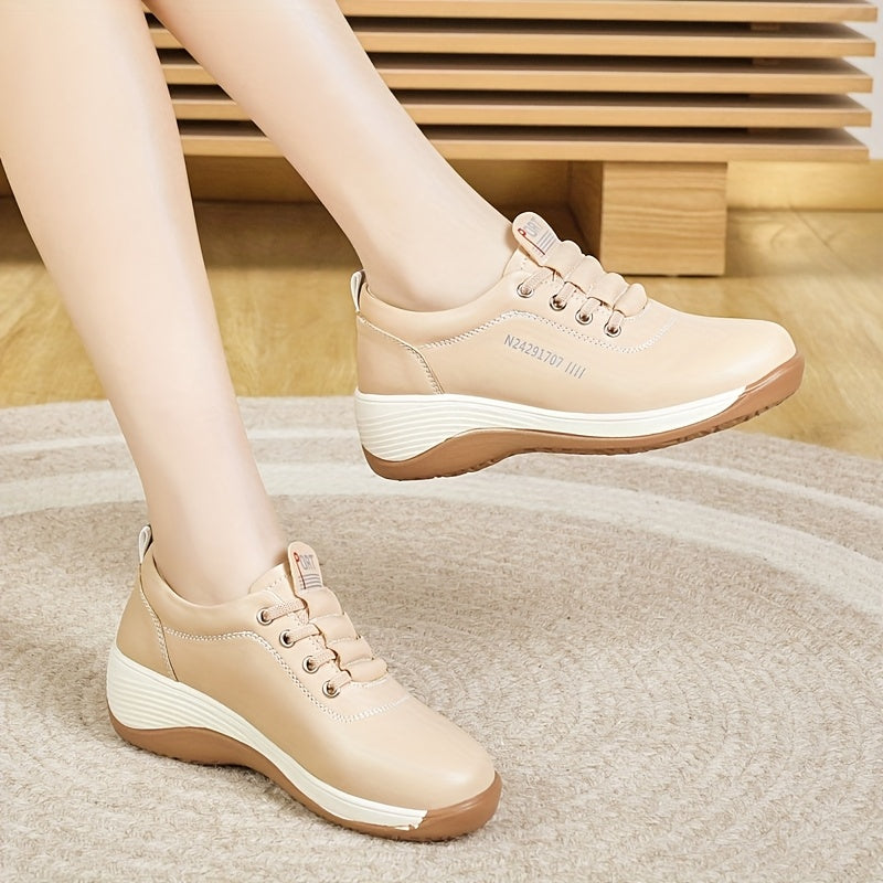 Women's White Brown Casual Sneakers Low-Top Lace-Up Breathable All-Season