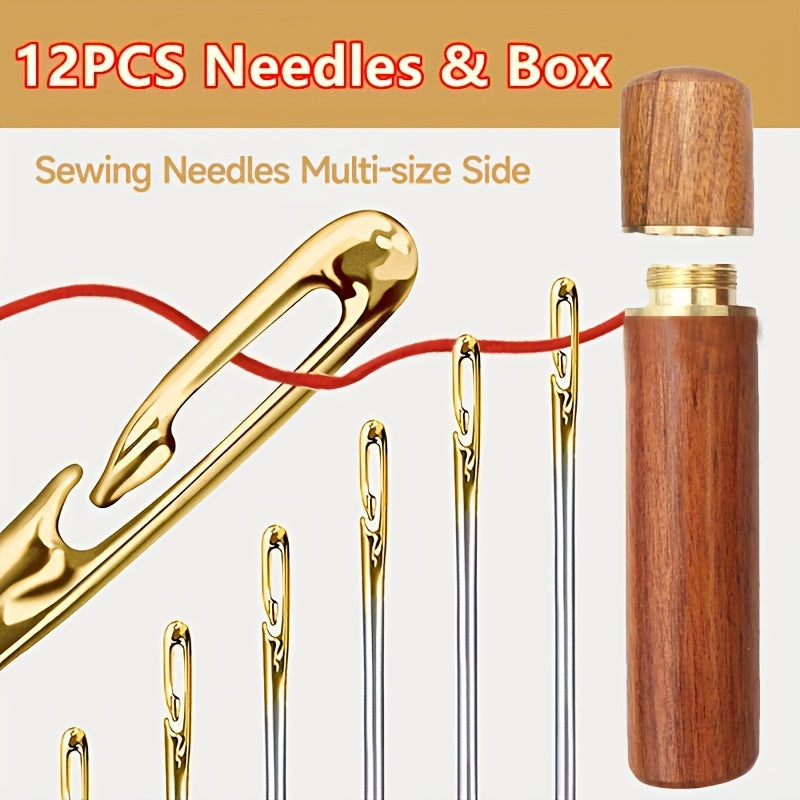 Assorted Self-Threading Sewing Needles Set 12 Stainless Steel Darning Needles with Side Opening
