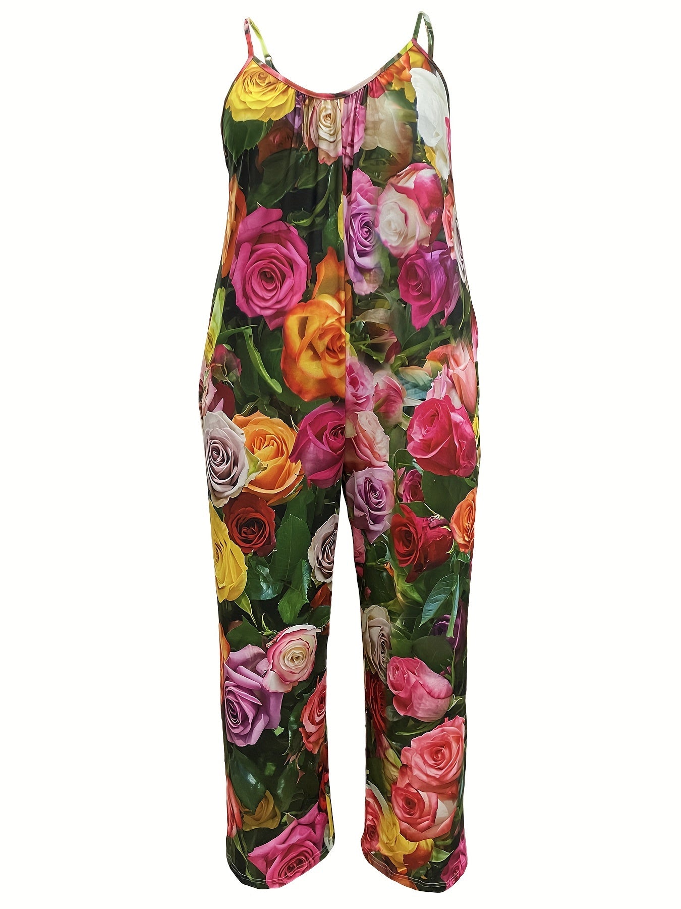 Plus Size Floral Print Sleeveless Jumpsuit With Pockets Women Casual Clothing