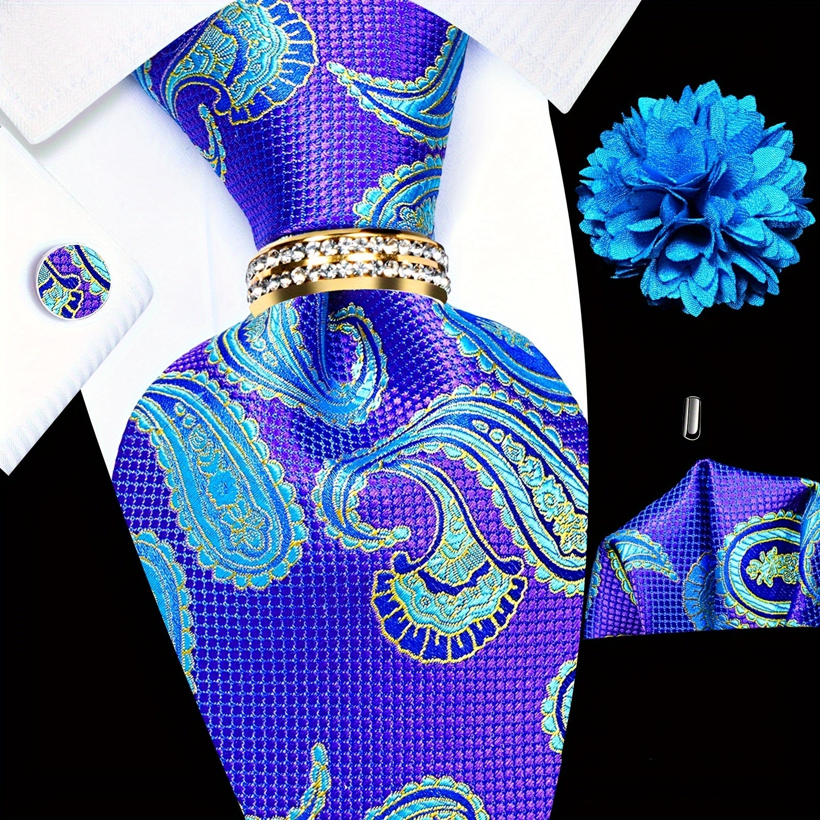 Men's Accessories Set Tie Pocket Square Cufflinks Lapel Pin Tie Ring for Wedding Groom