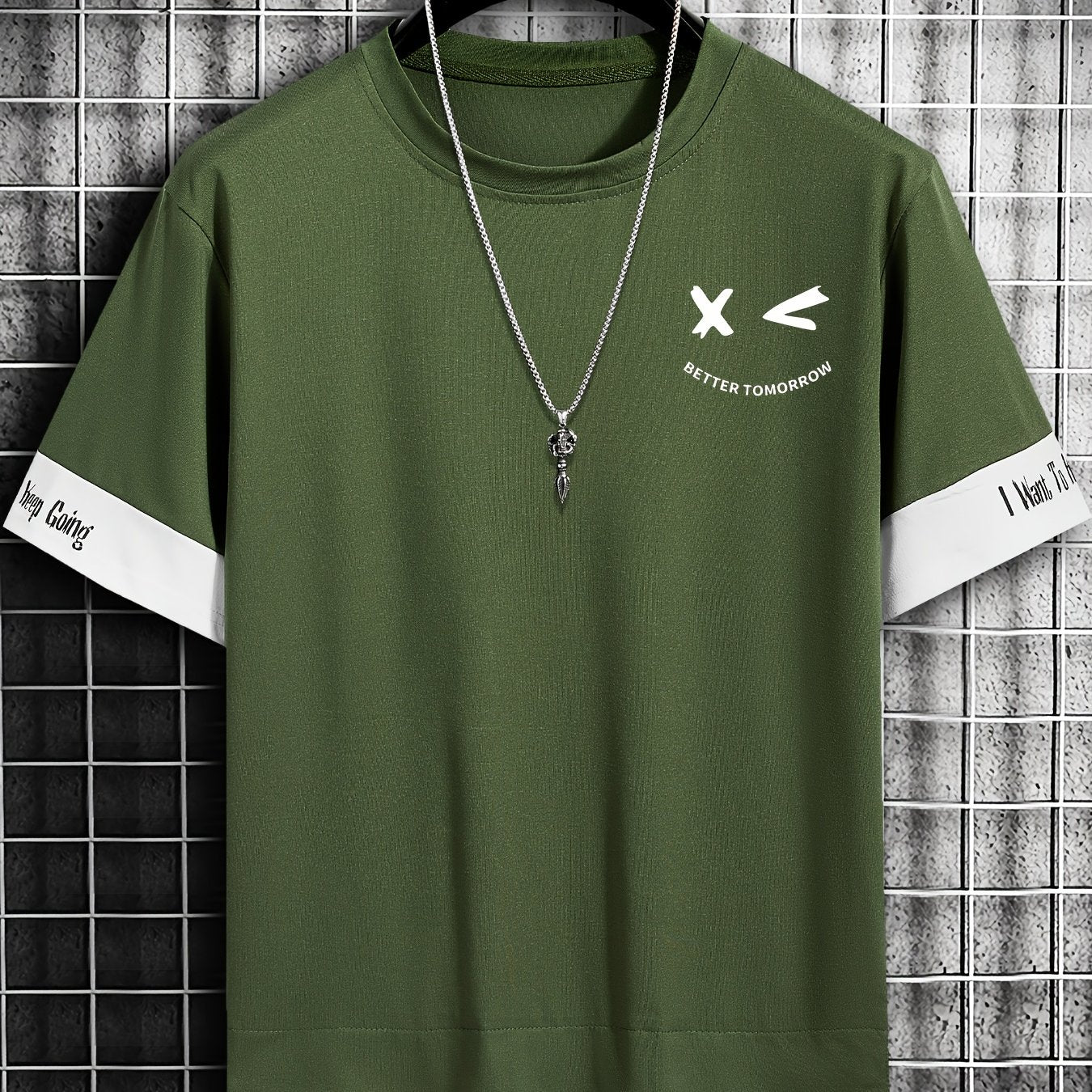 Men's Color-Blocked Short Sleeve T-Shirt with Letter Print Faux Two-Piece Summer Casual