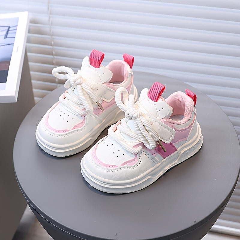 Kids White Casual Sneakers for Girls with Pink and Black Accents, Hook-and-Loop Closure