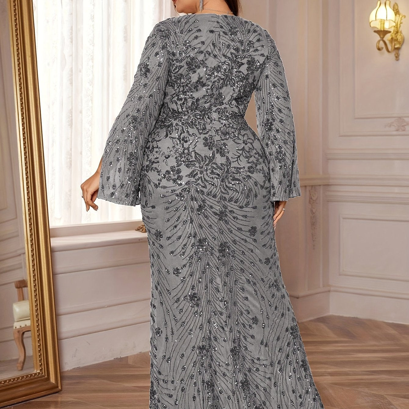 Sequin Slit Sleeve Long Evening Gown for Parties Plus Size Bodycon Mermaid Style