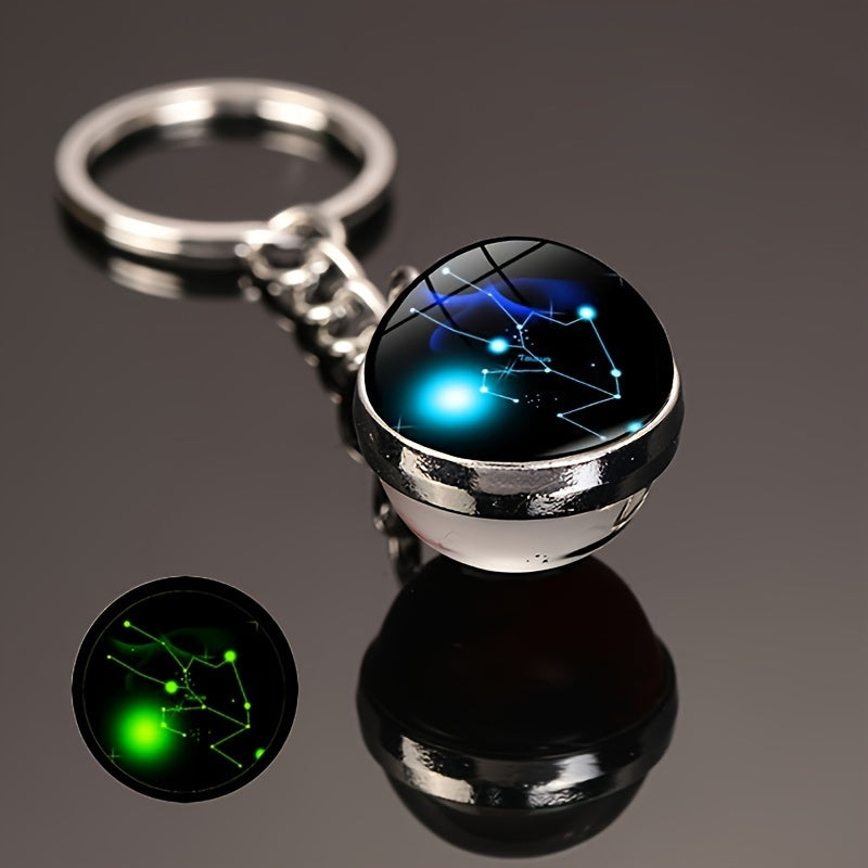 Starry Night Zodiac Keychain Double-Sided Glass Ball Glow-in-Dark Car Accessory