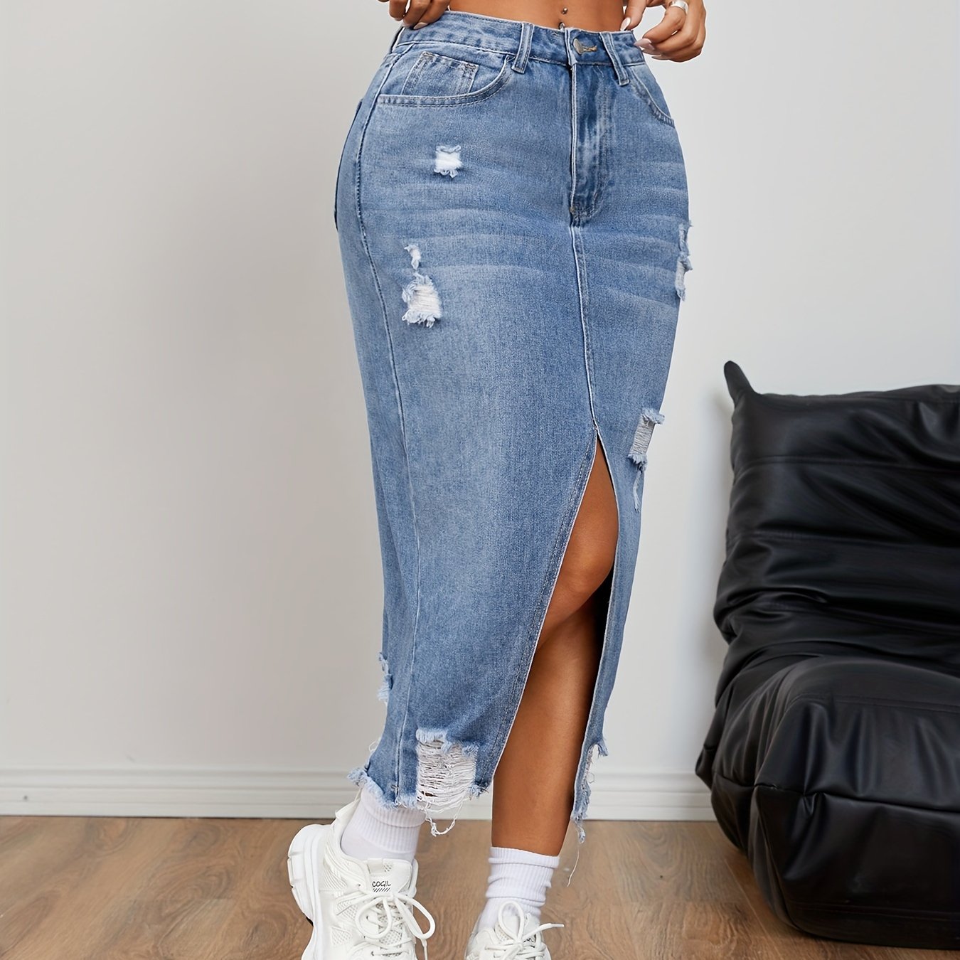 Women's Denim Skirt Casual Distressed Midi with Raw Hem and Slit