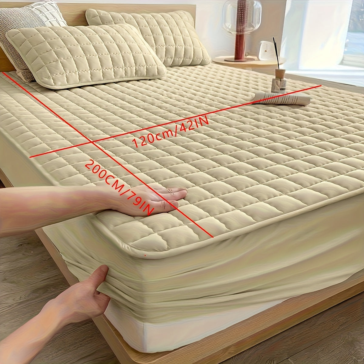 Light Gray Quilted Waterproof Fitted Sheet Breathable Polyester Deep Pockets Easy Care