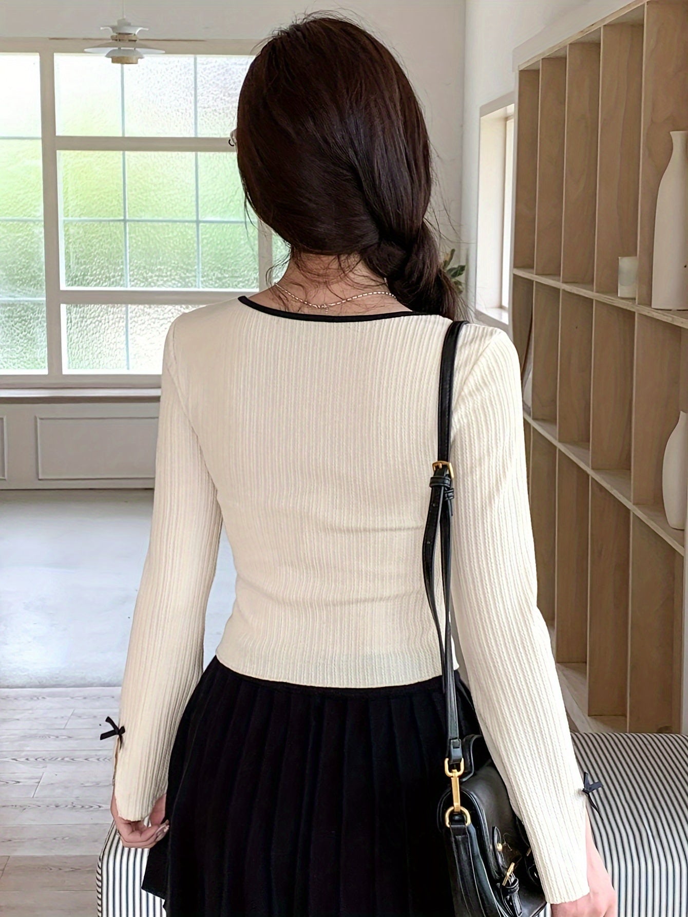 Women's Long Sleeve T-Shirt with Bow Detail and Crew Neck in Polyester Blend