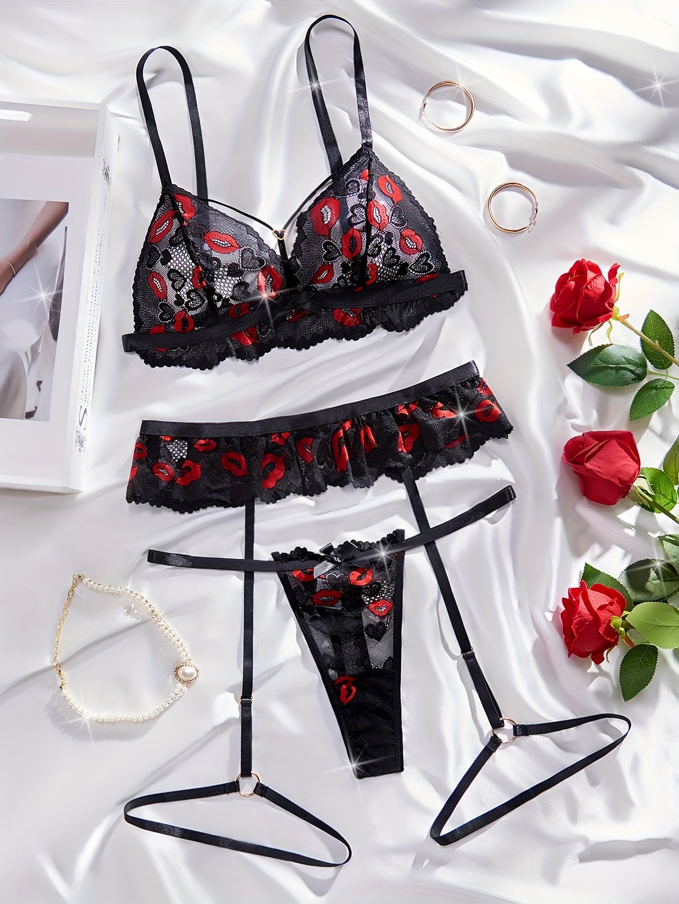 Lingerie Set with Red Lips Print and Bow Details Includes Transparent Bra G-String Garter Belt