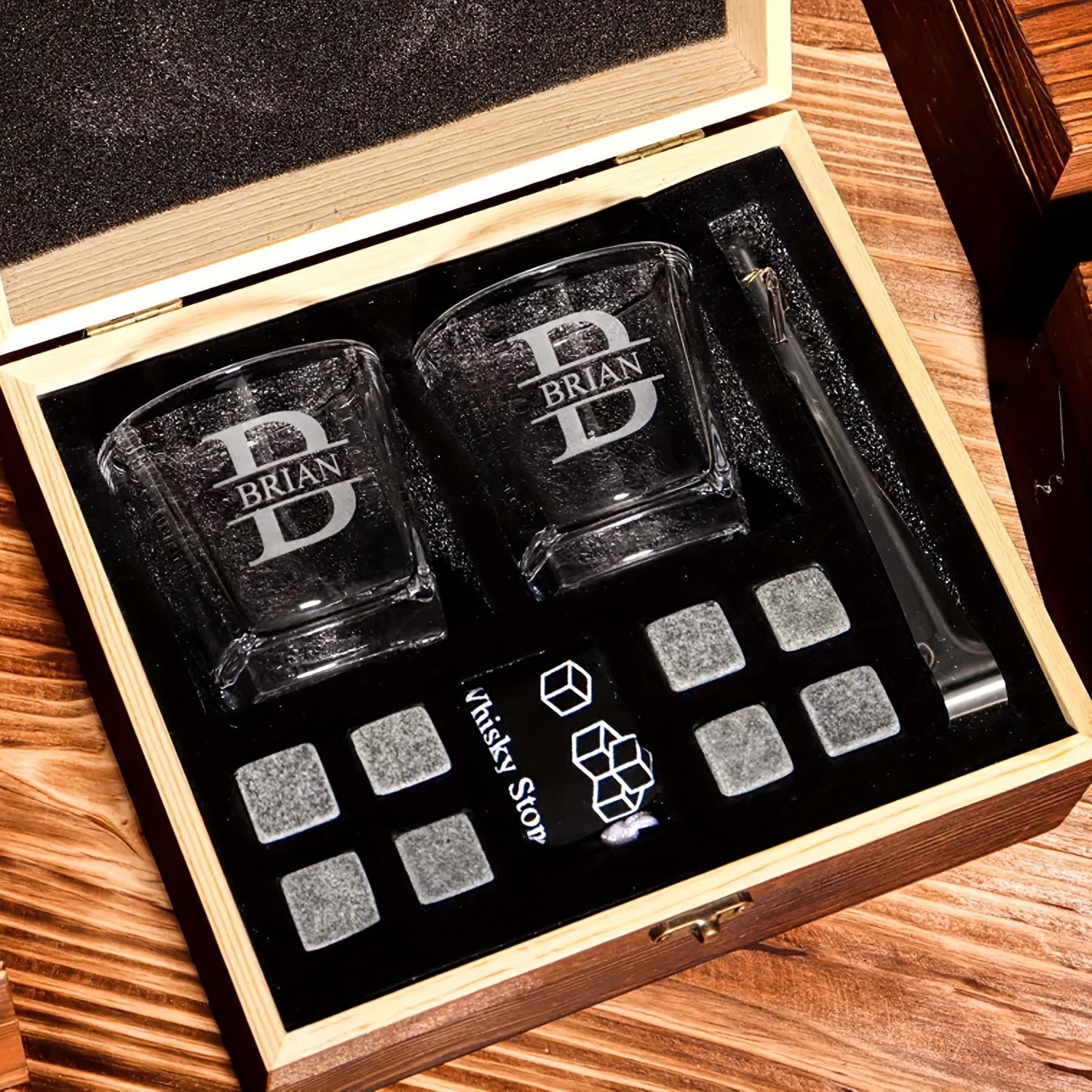 Set of 4 Personalized Whiskey Glasses with Wooden Box Gift Set for Groomsmen Fathers and Bachelors