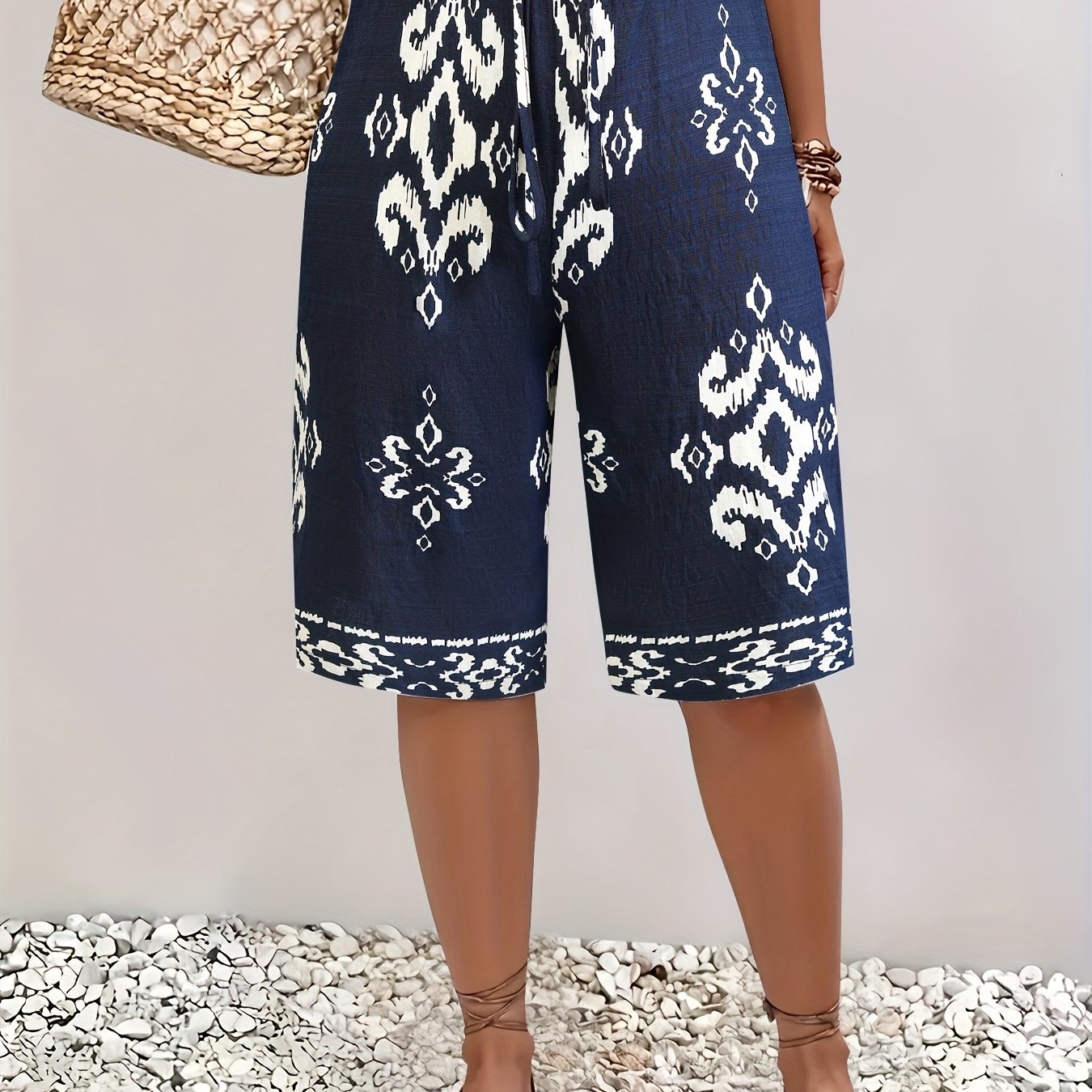 Широкие женские шорты макси с цветочным принтом Navy White, повседневные, летние, для пляжного отдыха