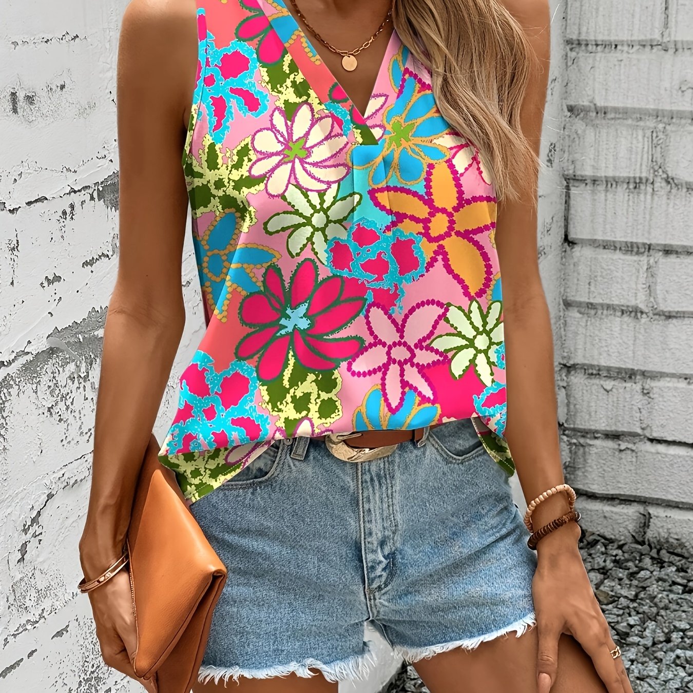 Blusa sin mangas de mujer talla grande con estampado floral y escote en V, verano casual rosa