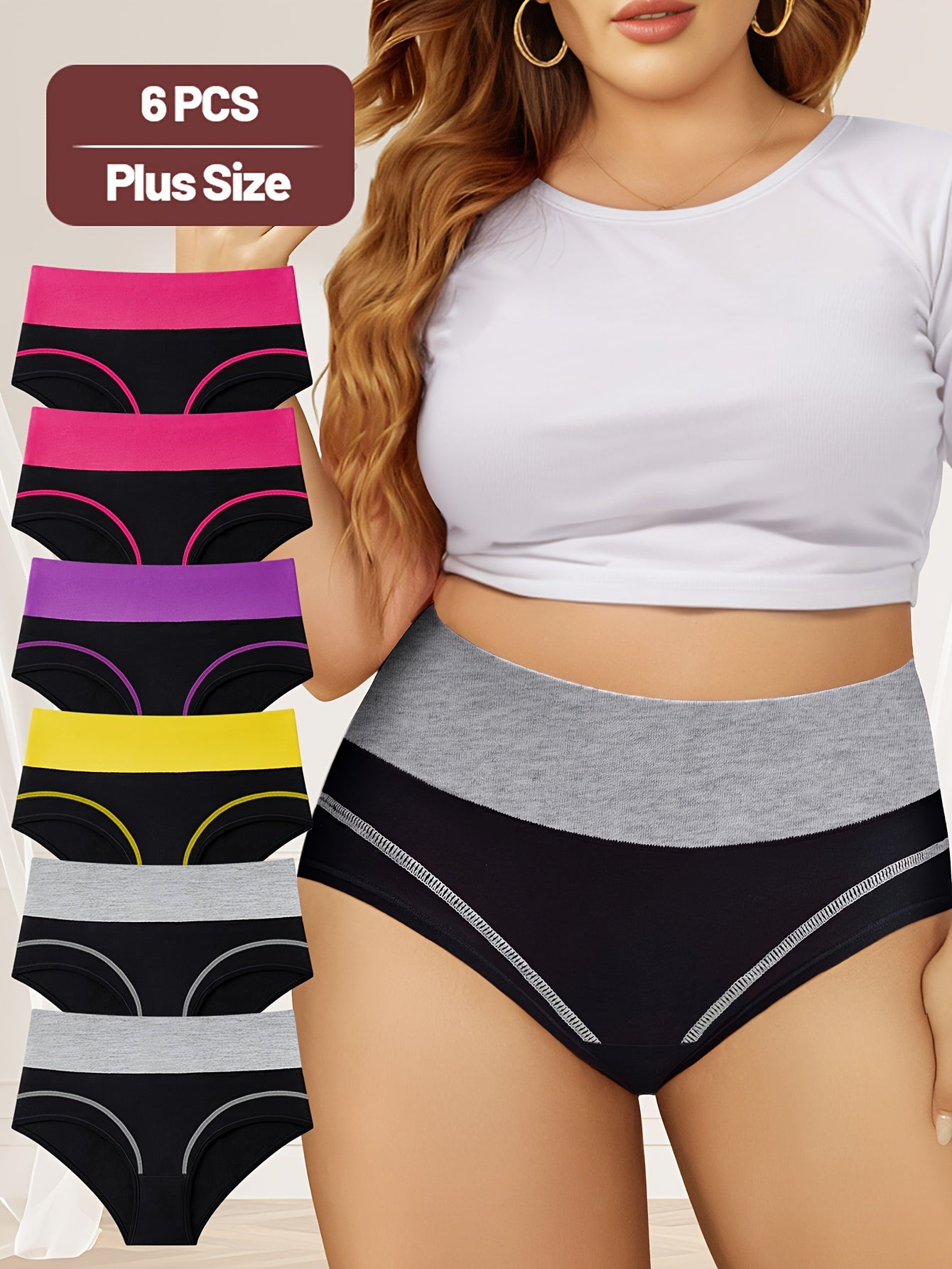 Pack de 6 braguitas de talla grande de cintura alta con bloques de color, algodón y elastano, cobertura total