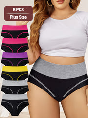 MIOTAN Elegant Katta O'lchamdagi Yuqori Belli Ichki Kiyimlar 6-Paket - Rangli Blok Dizayni, 95% Paxta, 5% Elastan, O'rtacha Cho'ziluvchan Trikotaj Matolari, To'liq Qoplash Quvvatli Moslashuv