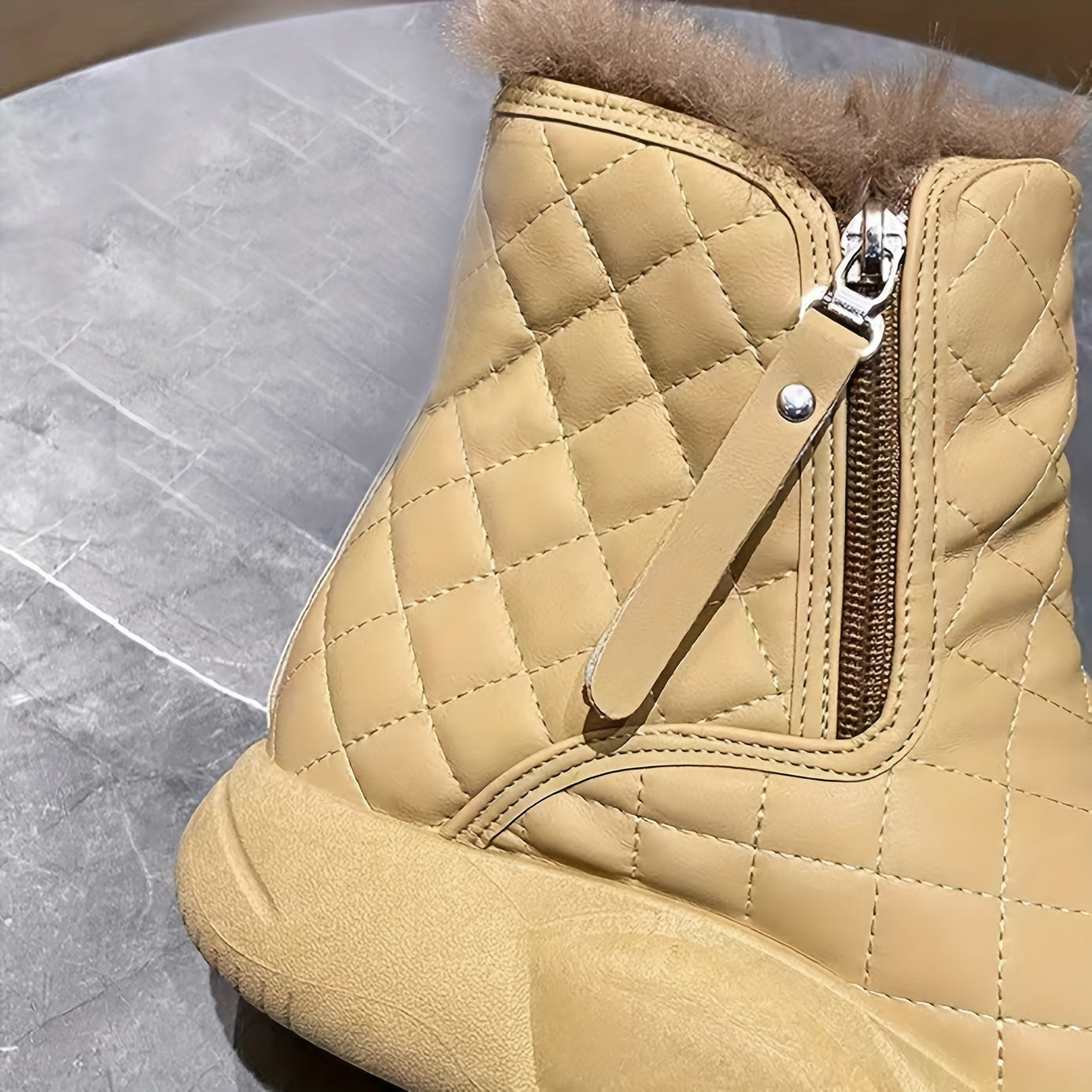 Women's Quilted Fleece-Lined Snow Boots with Zippers, Anti-Slip Sole Beige/Navy