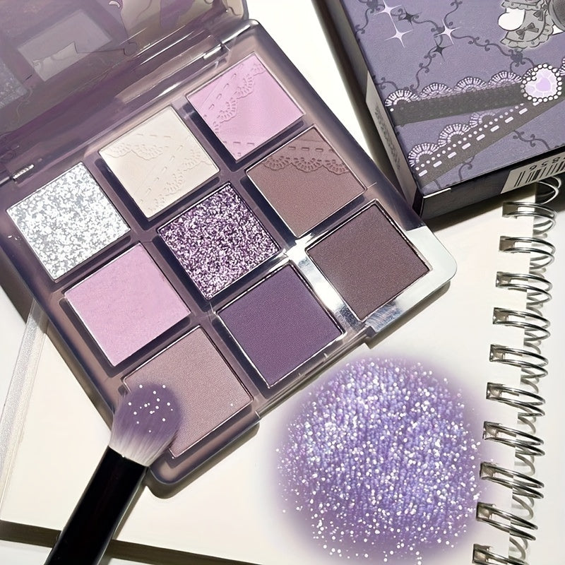 Paleta de sombras de ojos de 9 colores para mujer, morado ahumado, gris, glitter, mate