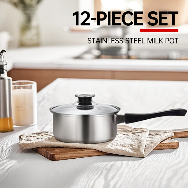 12-Piece Stainless Steel Cookware Set with Soup Pots Milk Pots and Kettle Natural Wood Grain Finish
