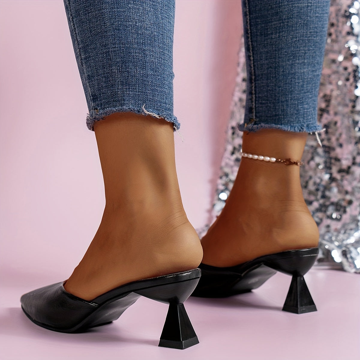 Women's Solid Color Slip-On Pointed Toe Sandals with Chunky Heel for Daily Wear