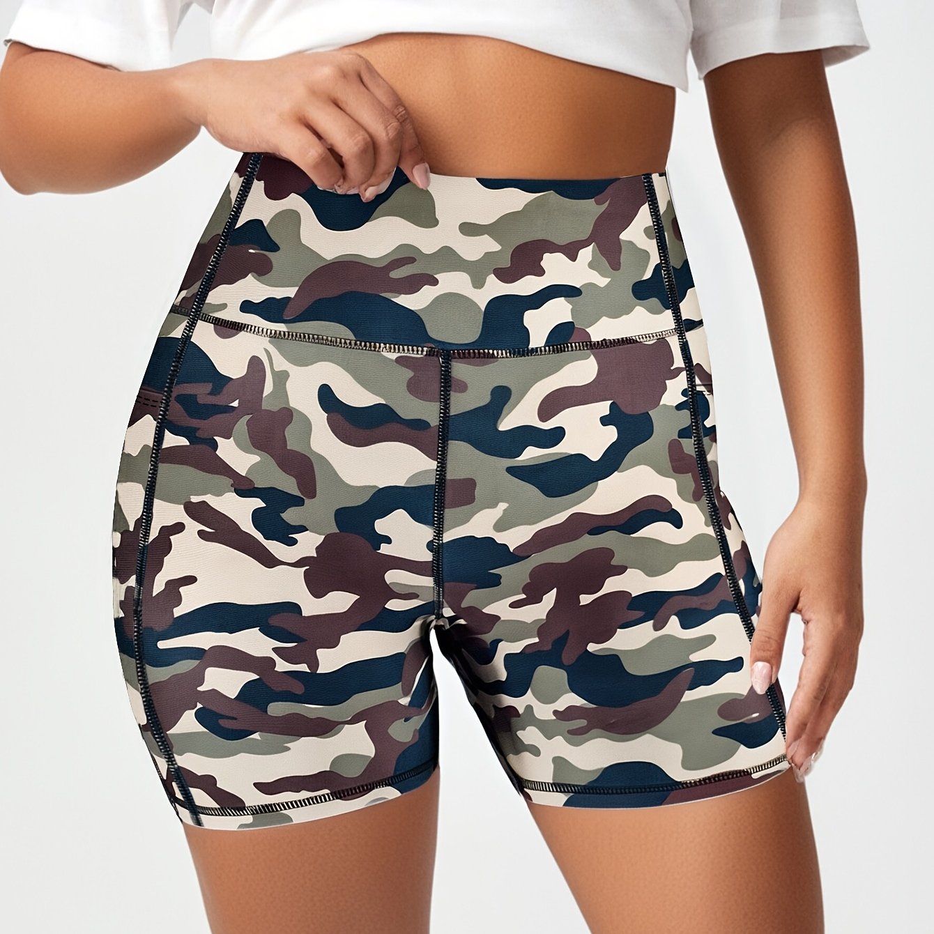 Plus Size Women's High-Waisted Breathable Yoga Shorts with Pockets