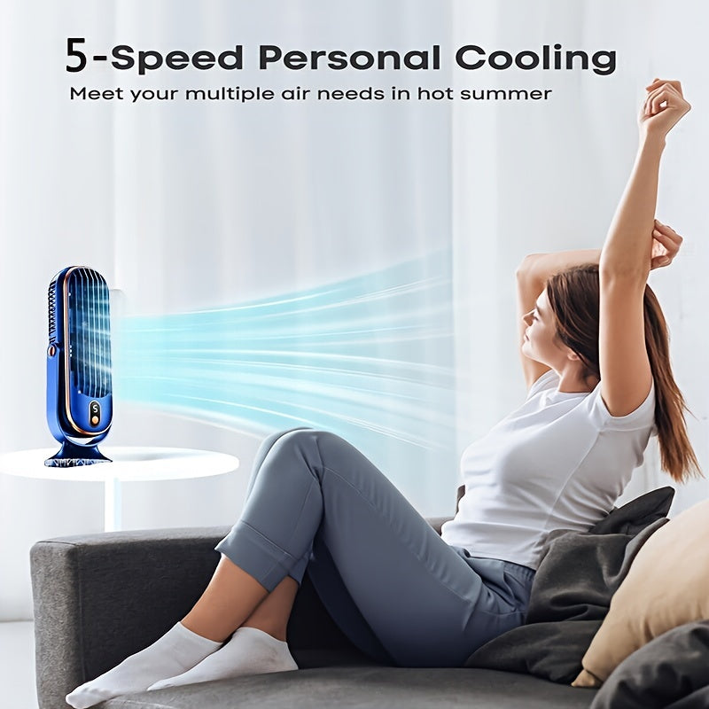 Portativ USB qayta to'ldiriladigan stol ventilyatori 5 tezlikli, kichik o'lchamli, ichki va tashqi foydalanish uchun