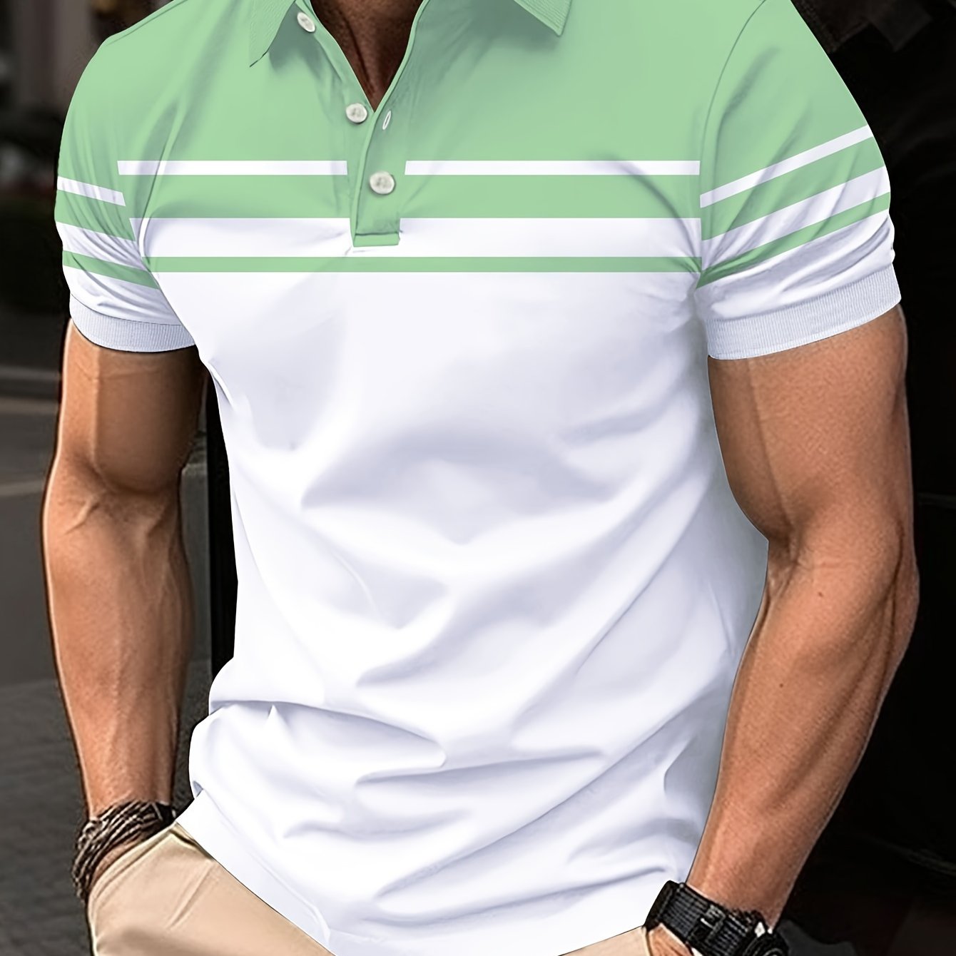 Erkaklar uchun Rangli Blokirovka Printli Qisqa Yengli Yaka T-shirti, Tasodifiy Sport Yuzi
