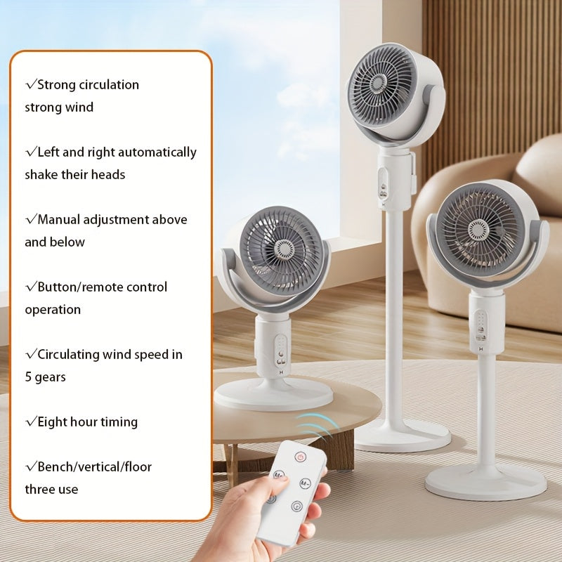 Portable White 3-in-1 Air Circulator Fan with USB Power, Adjustable Height, Oscillating Head, 5-Speed Settings, Remote Control