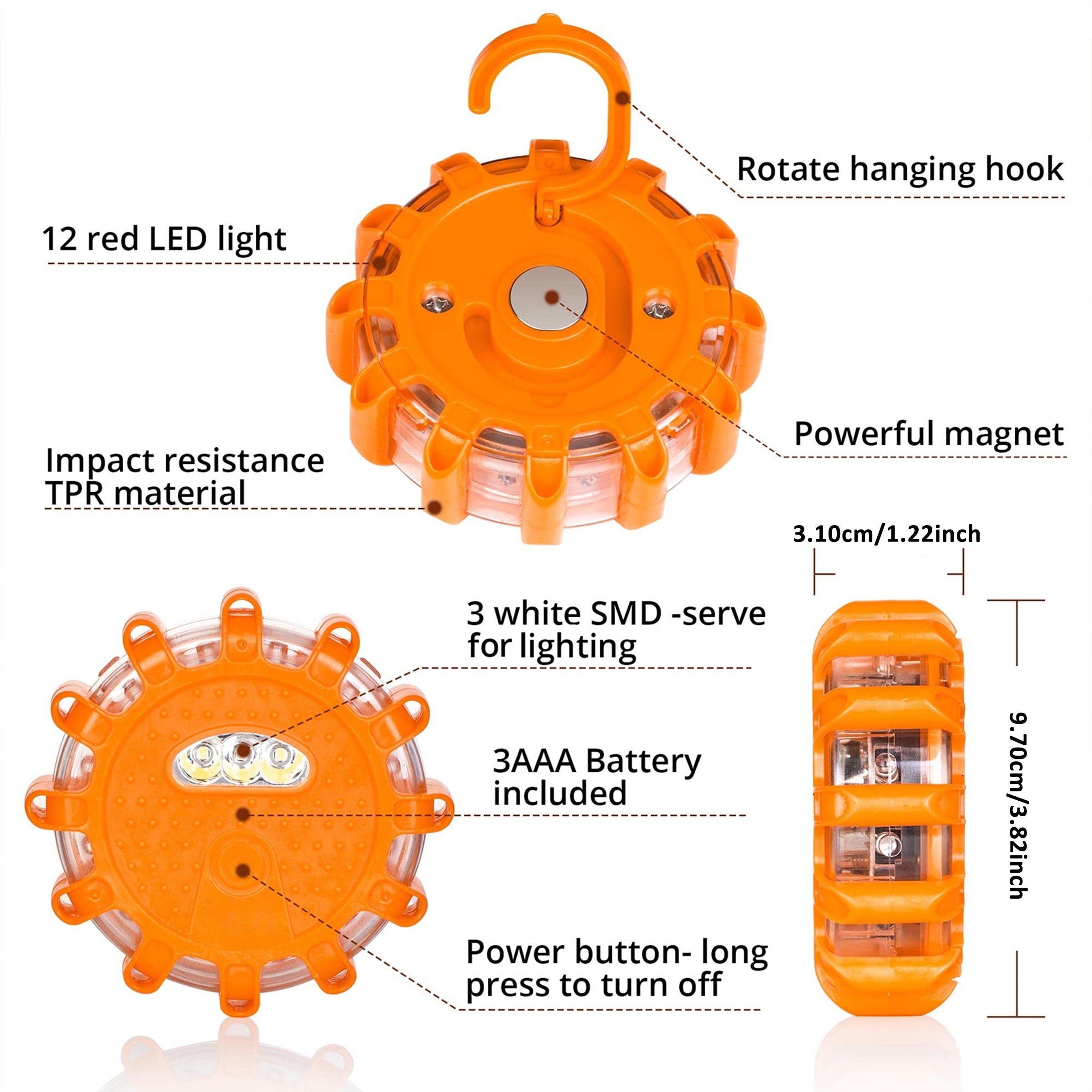  bengala de emergencia LED con base magnética y múltiples modos de destello