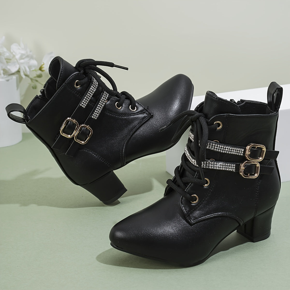 Women's White Ankle Boots with Golden Buckles Side Zipper Chunky Heel