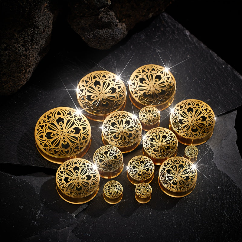 2 ta Hip Hop zanglamas po'latdan yasalgan quloq kengaytmalari to'plami, oltin gullar dizayni bilan - Har kuni kiyish va partiyalar uchun ideal. Kengaytiriluvchi yoki tunel sifatida ishlatilishi mumkin.