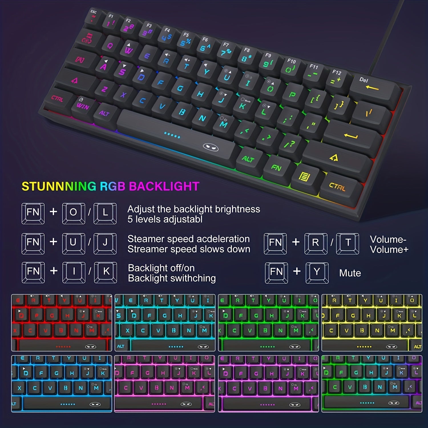 Mini 60% RGB Backlit Mechanical Gaming Keyboard for Windows Mac Laptops