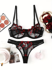 Women's Floral Embroidered Semi Sheer Lingerie Set with Bra and Thong