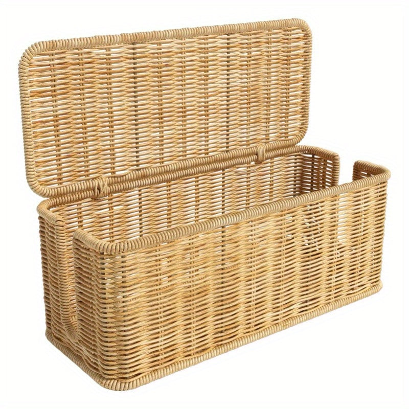 Hand-Woven Imitation Rattan Cable Management Box with Cover for Desk Organizer