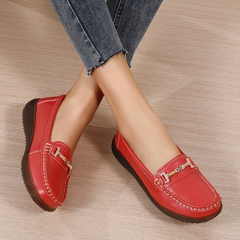 Women's Pu Cover Loafers with Metal Buckle Non-Slip Casual Shoes