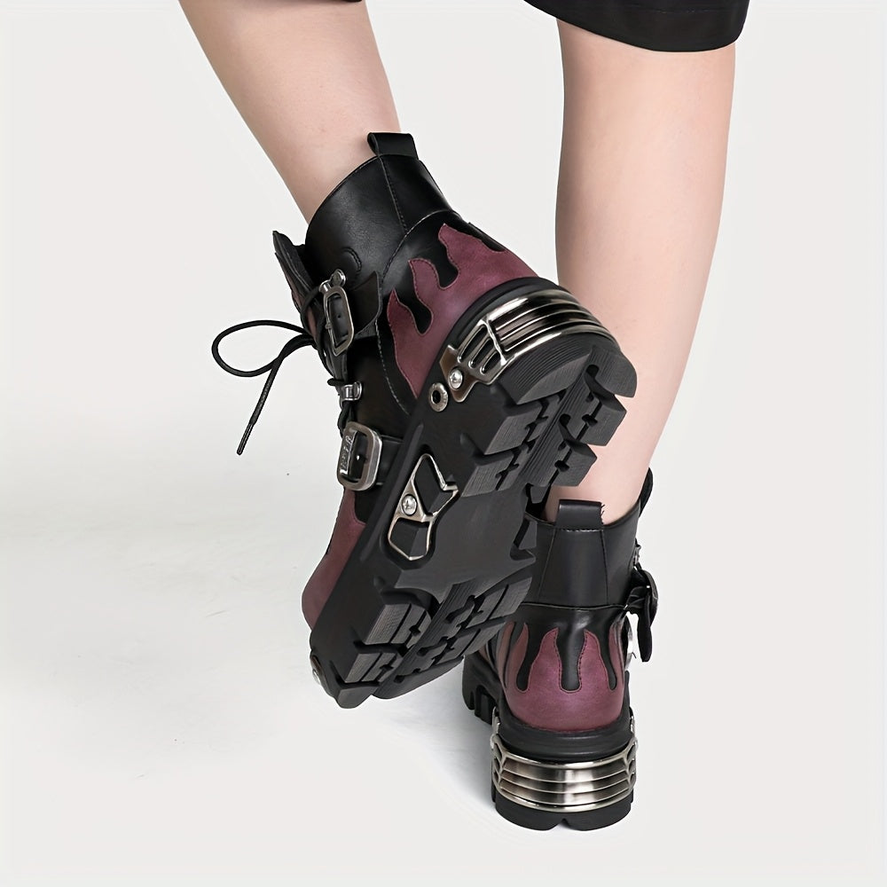 Ayollar uchun qalin platformali punk botlar yuqori top bilan, laces va zippers bilan, to'q rang va qora