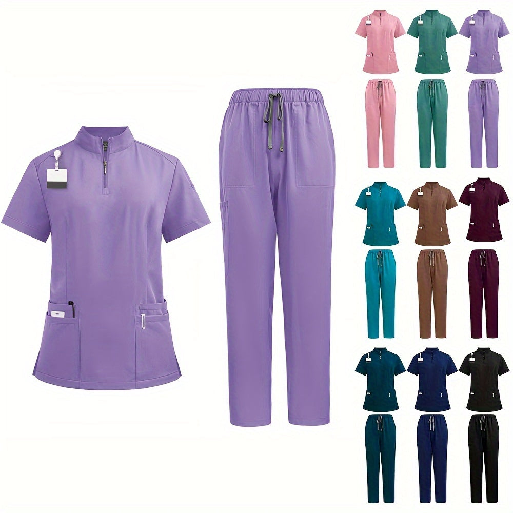Women's ICU Nurse Scrub Set Solid Color Stand-Up Collar Pockets Polyester Spandex