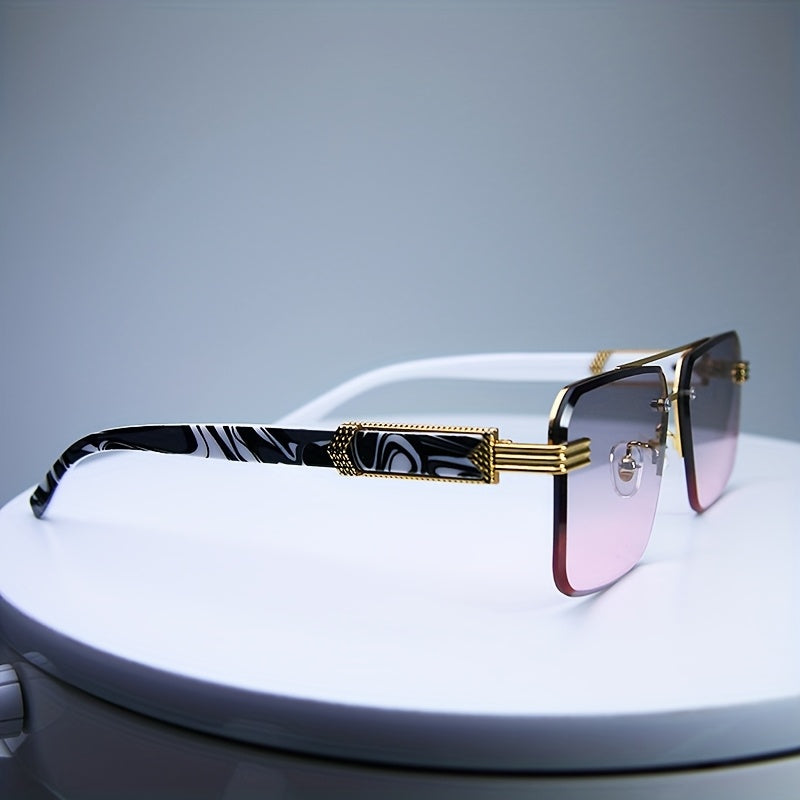 Men's Retro Fashion Glasses with Diamond Cut Edges Rectangular Rimless Marble Wood Accents