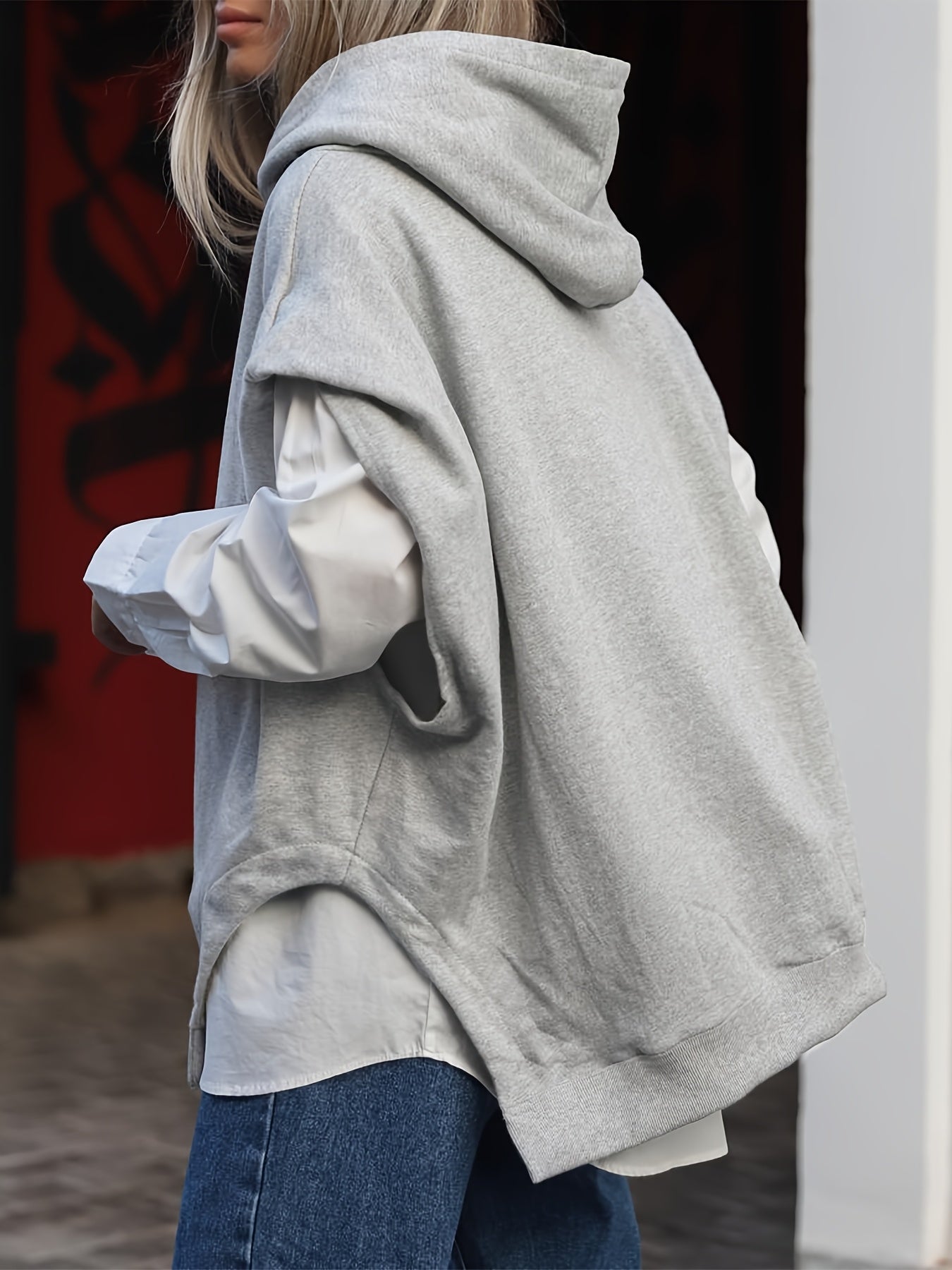 Sudadera sin mangas de talla grande para mujer con dobladillo con abertura para primavera y otoño casual