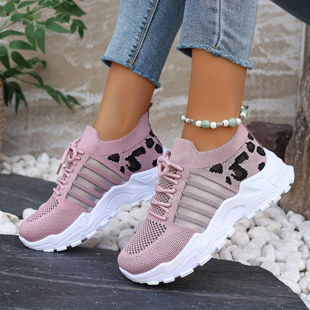 Plus Size Women's Leopard Print Breathable Mesh Sneakers for Walking and Casual Wear