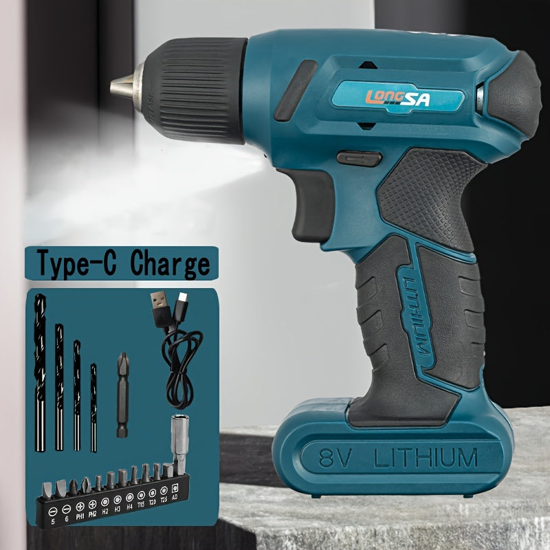 Cordless Electric Drill 8V with LED Light USB Rechargeable Lithium Battery DIY Screwdriver