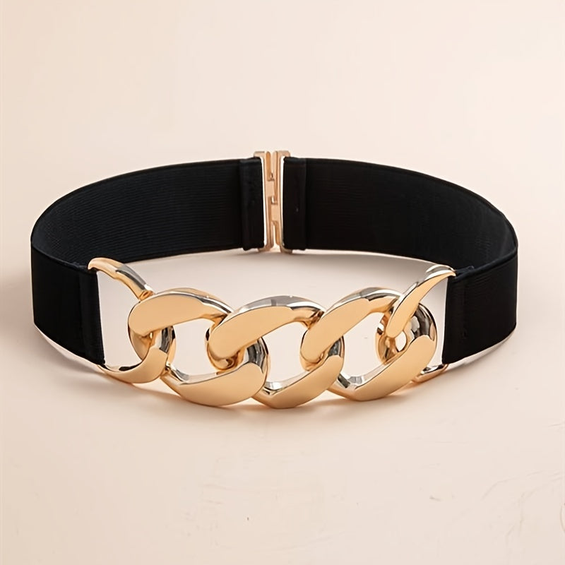 Wide Waist Belt for Women with Gold Chain Hollow Out Design Elastic Vintage Style for Dresses Coats