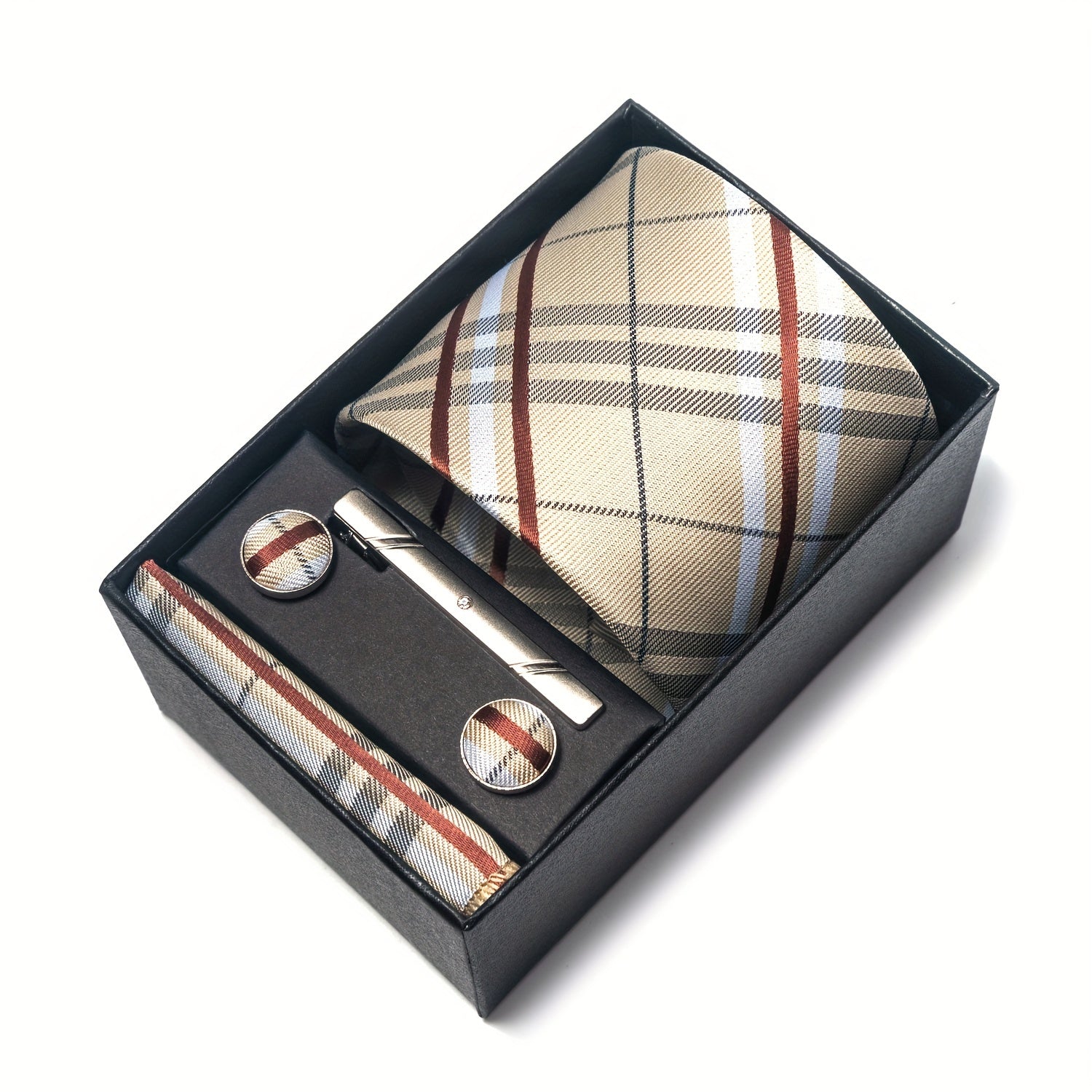 Men's Plaid Tie Set with Pocket Square Cufflinks and Tie Clip in Gift Box